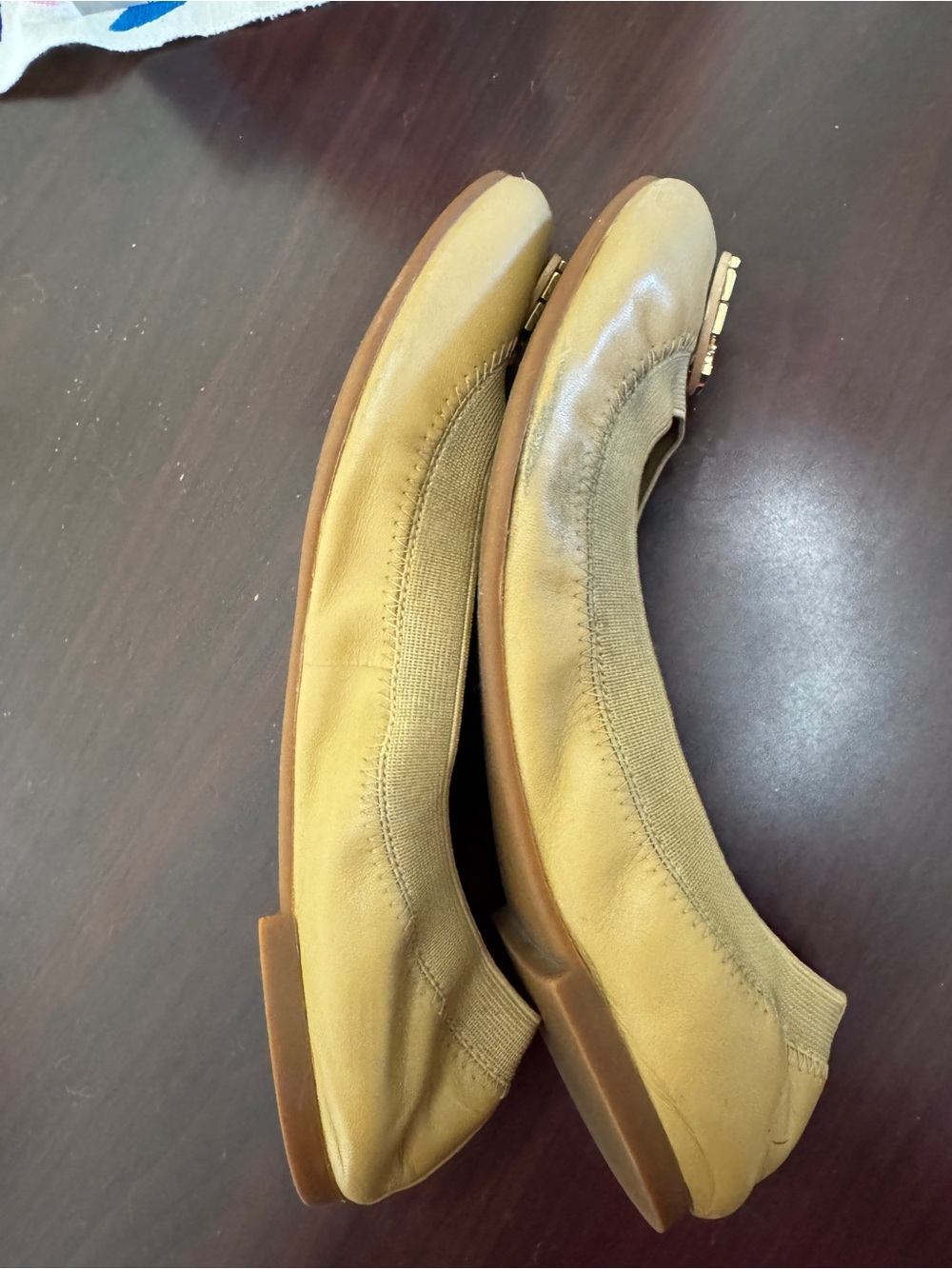 Tory Burch Mustard Leather Logo Ballet Flats - Picture 5 of 10